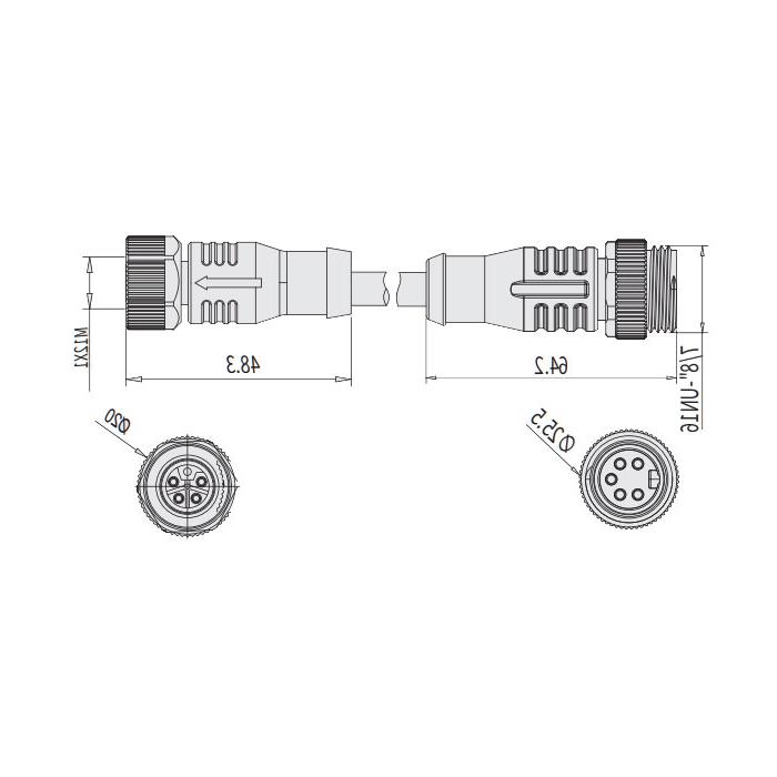 M12 5Pin 母头直型L-coded 转7/8"5Pin 公头直型A-coded、双端预铸PVC非柔性电缆、灰色护套、64L781-XXX